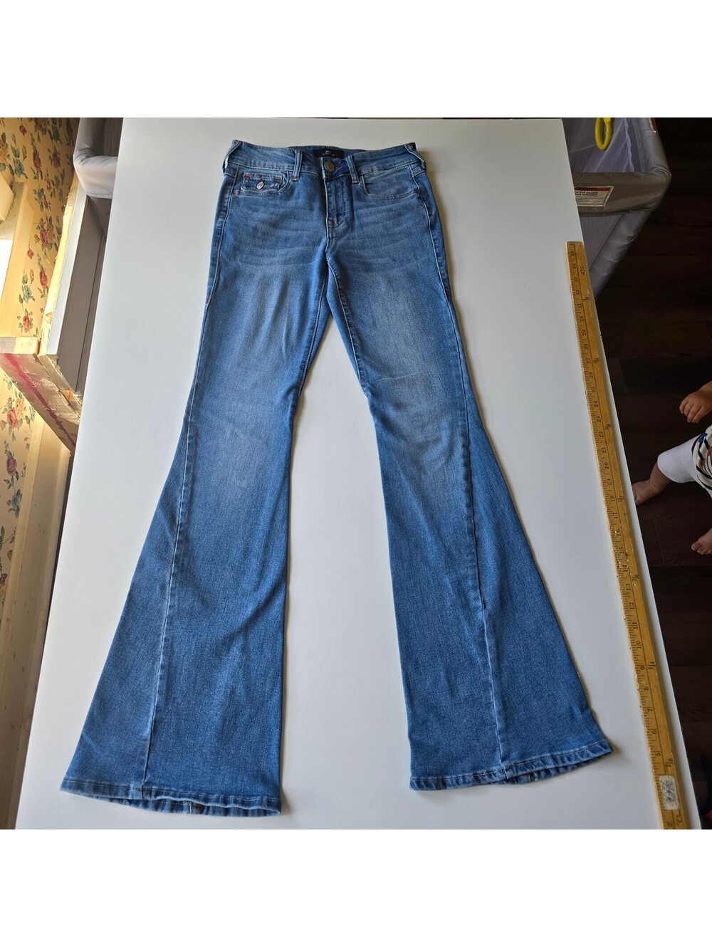 True Religion Womens Flare Jeans Size 2 26 Low Rise Bell Bottom Blue Denim